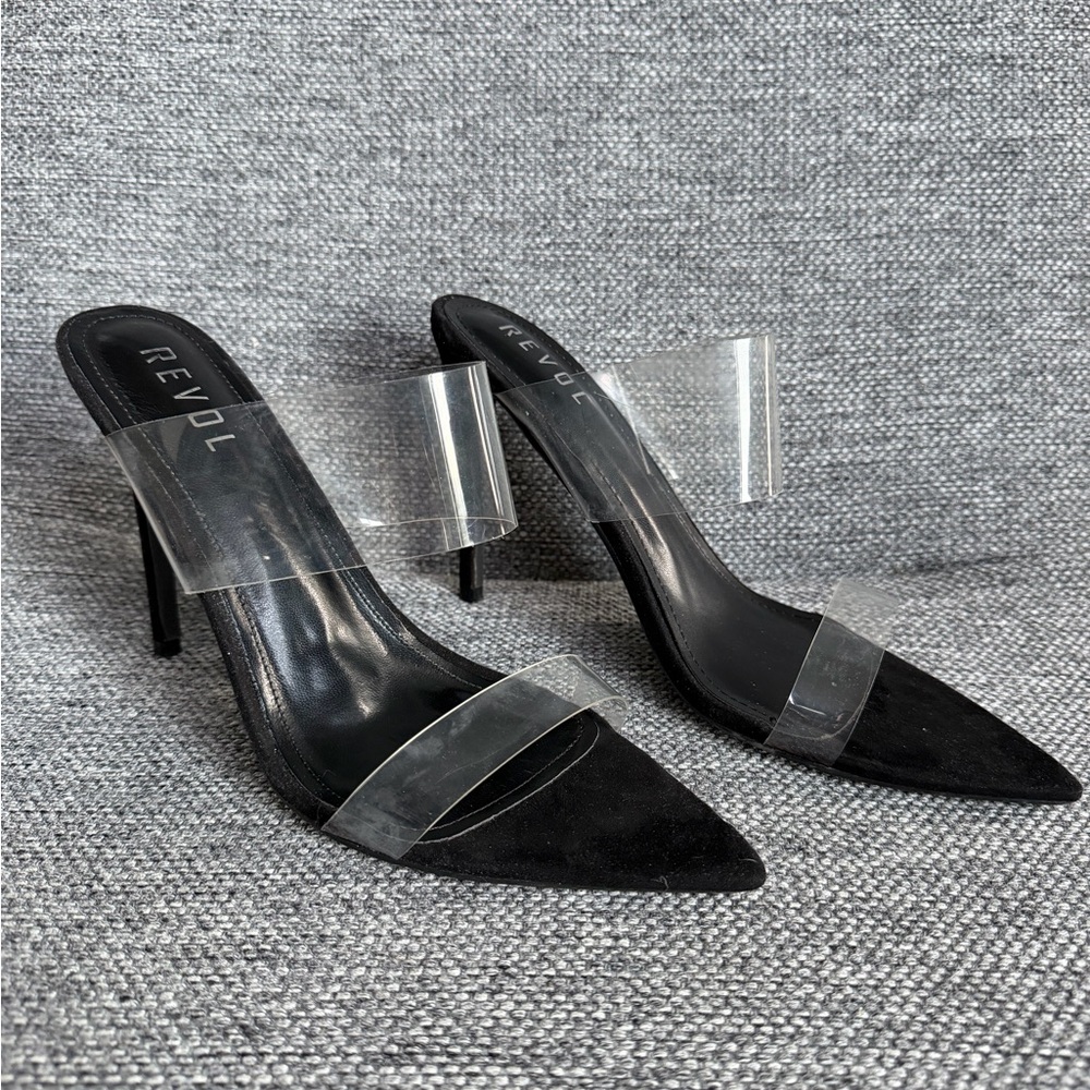 Revol Clear-strap Black Pointed Mule Heels